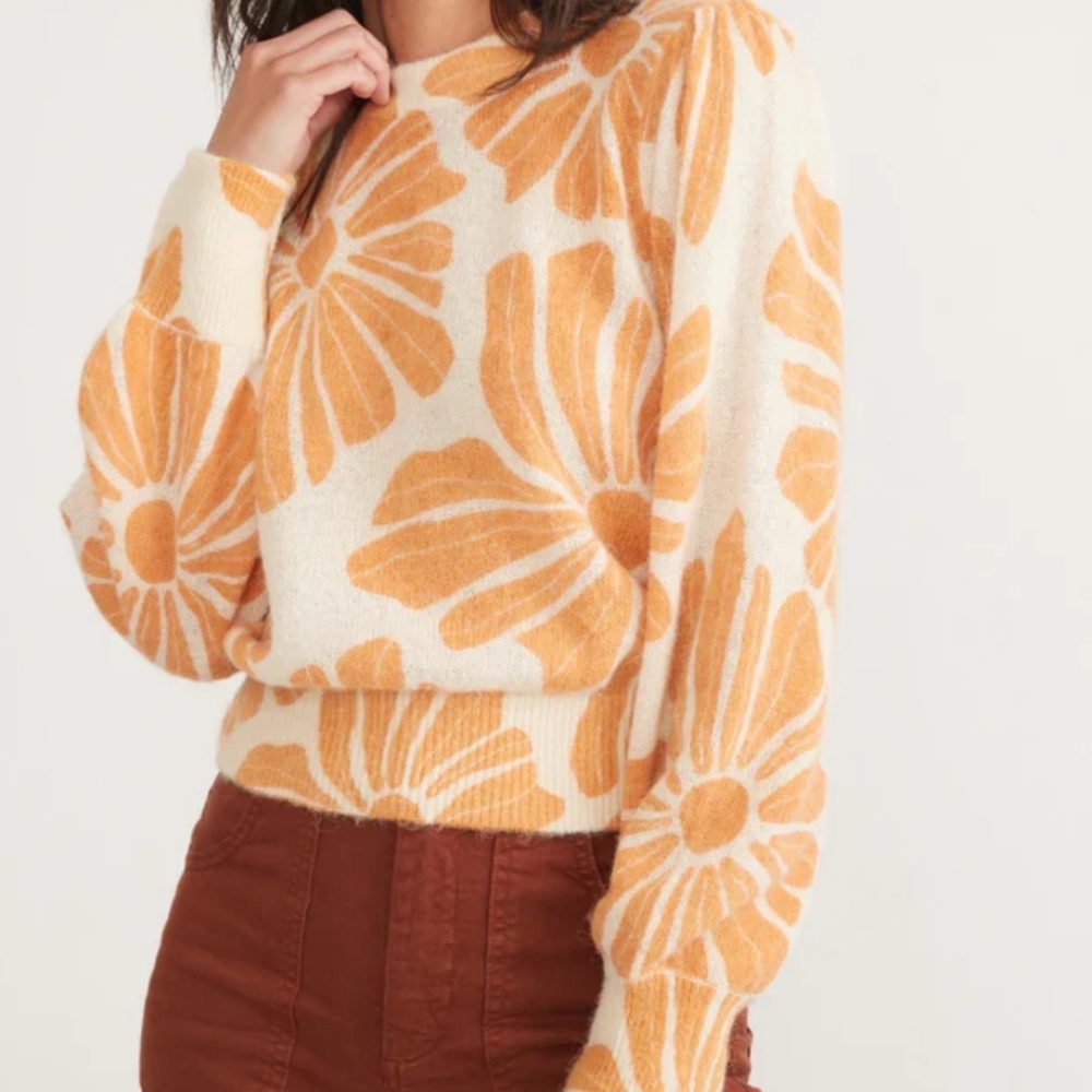 Marine Layer Floral Crew Neck Sweater - Cream and Orange
